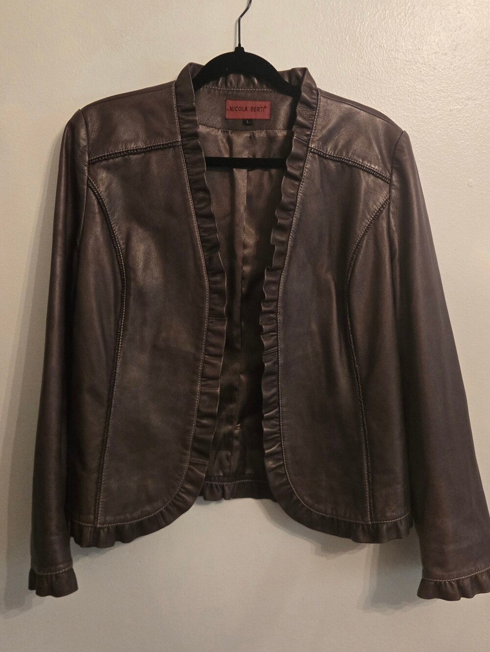 Nicola Berti Brown Italian Leather Jacket With Ruffles Large